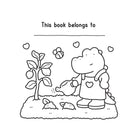 Black and white illustration of a bear watering a plant with a heart on a white background.