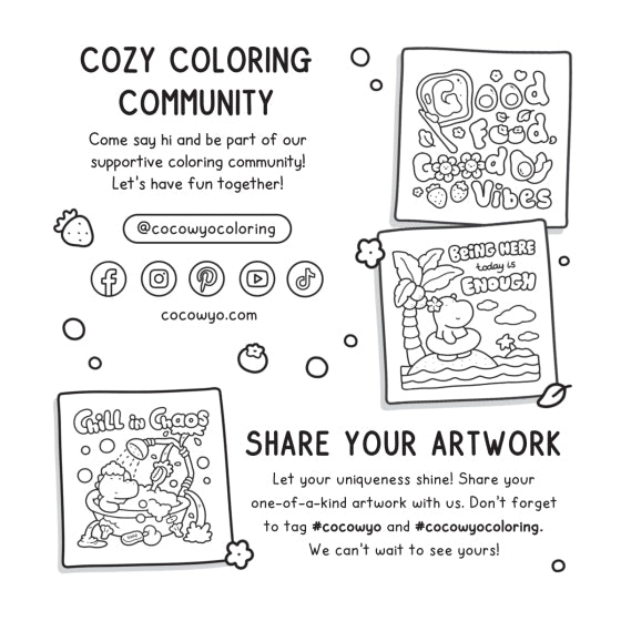 Promotional graphic for a coloring community with cartoon characters and text.