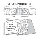 Illustration of a coloring book with different pattern options on a white background