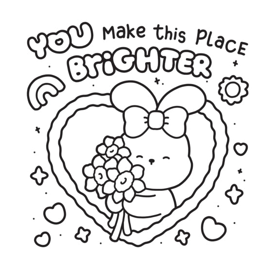 Cartoon character with flowers inside a heart, surrounded by decorative elements and text 'You Make This Place Brighter'.