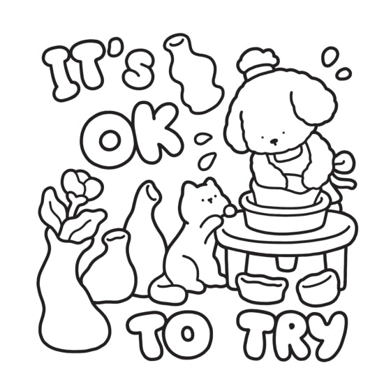 Illustration with a dog and cat sitting around a table, surrounded by vases and the text 'It's OK To Try'.