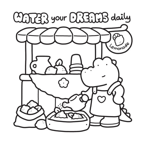 Cartoon character selling lemonade with a lemonade stand, 'Water your dreams daily' text, and Lemonade brand logo.