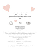 Book inside page with pink hearts and text on a white background