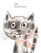 Illustration of a cat with a pink bow and text introducing 'Crouton'.