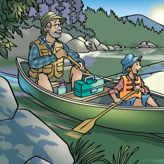 Cartoon of a man and a boy paddling a canoe on a lake with trees and mountains in the background.