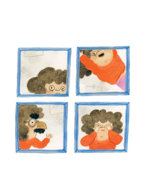 Four square illustrations of a character with different expressions on a white background