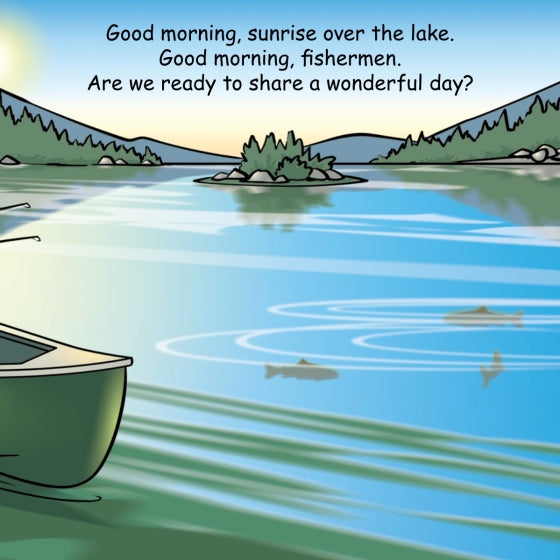 Cartoon scene of a lake with a boat and text about fishermen and a wonderful day.