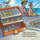 Cartoon of a man and child on a boat with a tackle box full of colorful fishing lures.