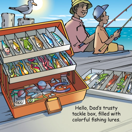 Cartoon of a man and child on a boat with a tackle box full of colorful fishing lures.