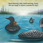 Illustration of loons on a lake with text about sharing a wonderful day.
