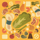 Illustration of various food items on a yellow background