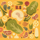 Illustration of various food items on a yellow background