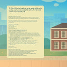 Back cover of a children's book with a house illustration and text