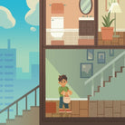 Illustration of a child standing on a staircase with a cityscape in the background