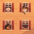 Illustration of four people looking out of windows in a building.