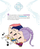 Three animated characters with colorful hairstyles and traditional clothing, set against a white background with blue decorative elements.