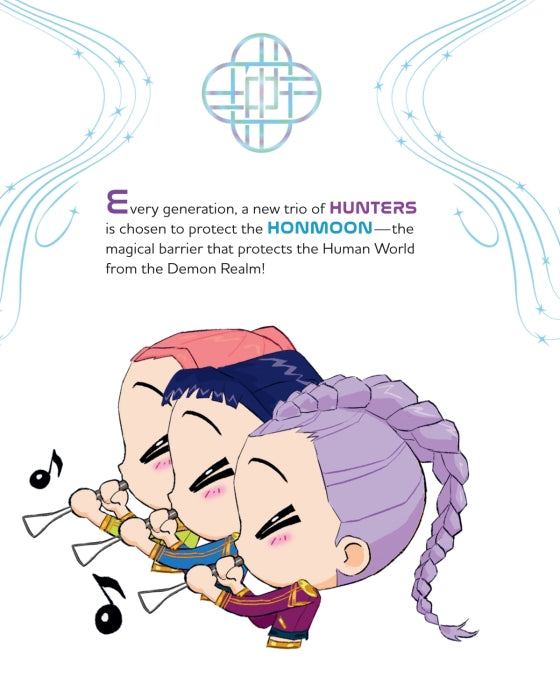 Three animated characters with colorful hairstyles and traditional clothing, set against a white background with blue decorative elements.
