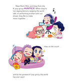 Cartoon illustration of three characters from a K-pop group, with text about their activities and goals.