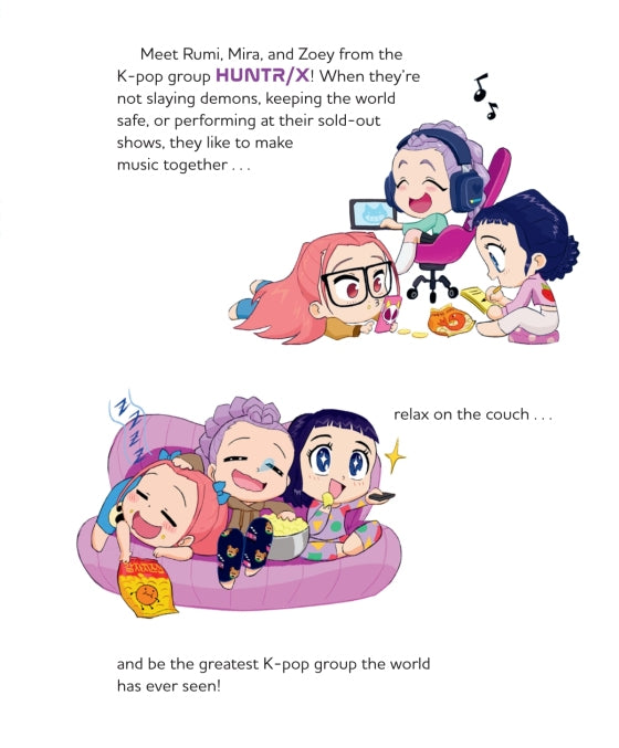 Cartoon illustration of three characters from a K-pop group, with text about their activities and goals.