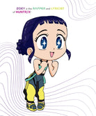 Cartoon character with blue hair and yellow outfit on a white background