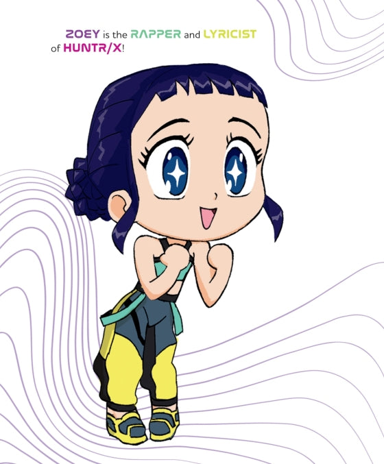 Cartoon character with blue hair and yellow outfit on a white background
