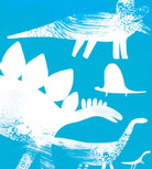 White silhouettes of dinosaurs on a blue background