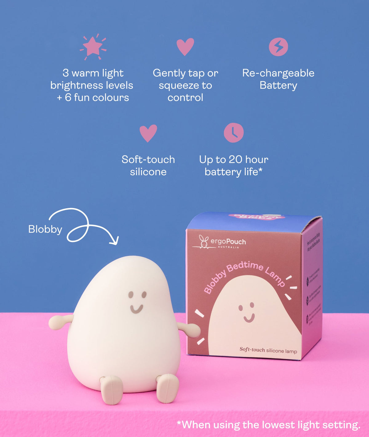 Bobby bedtime lamp with packaging on a pink and blue background
