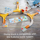 Toy track system with a dump truck on a wooden surface, featuring text about compatibility with Kullerbü track system.