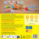 Children's educational game set on a wooden surface with game pieces and instructions.