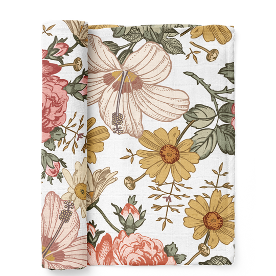 Garden Floral Muslin Swaddle - White by Mini Wander