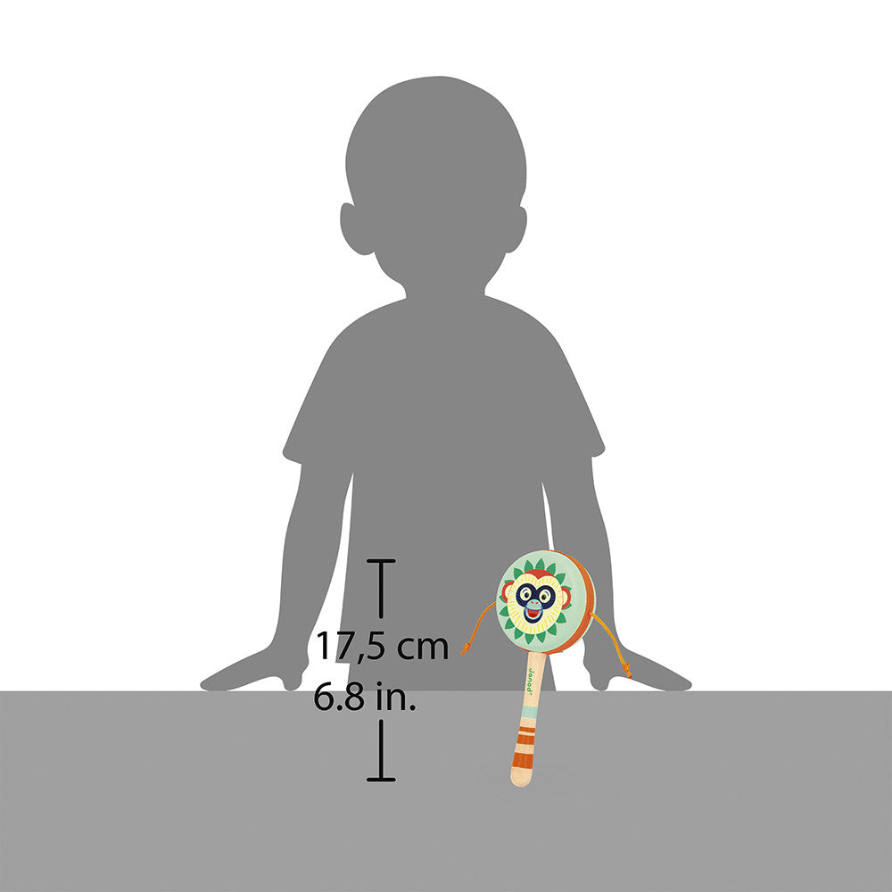 Measurement of a children's toy racket with a child silhouette for scale on a white background