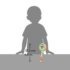 Measurement of a children's toy racket with a child silhouette for scale on a white background