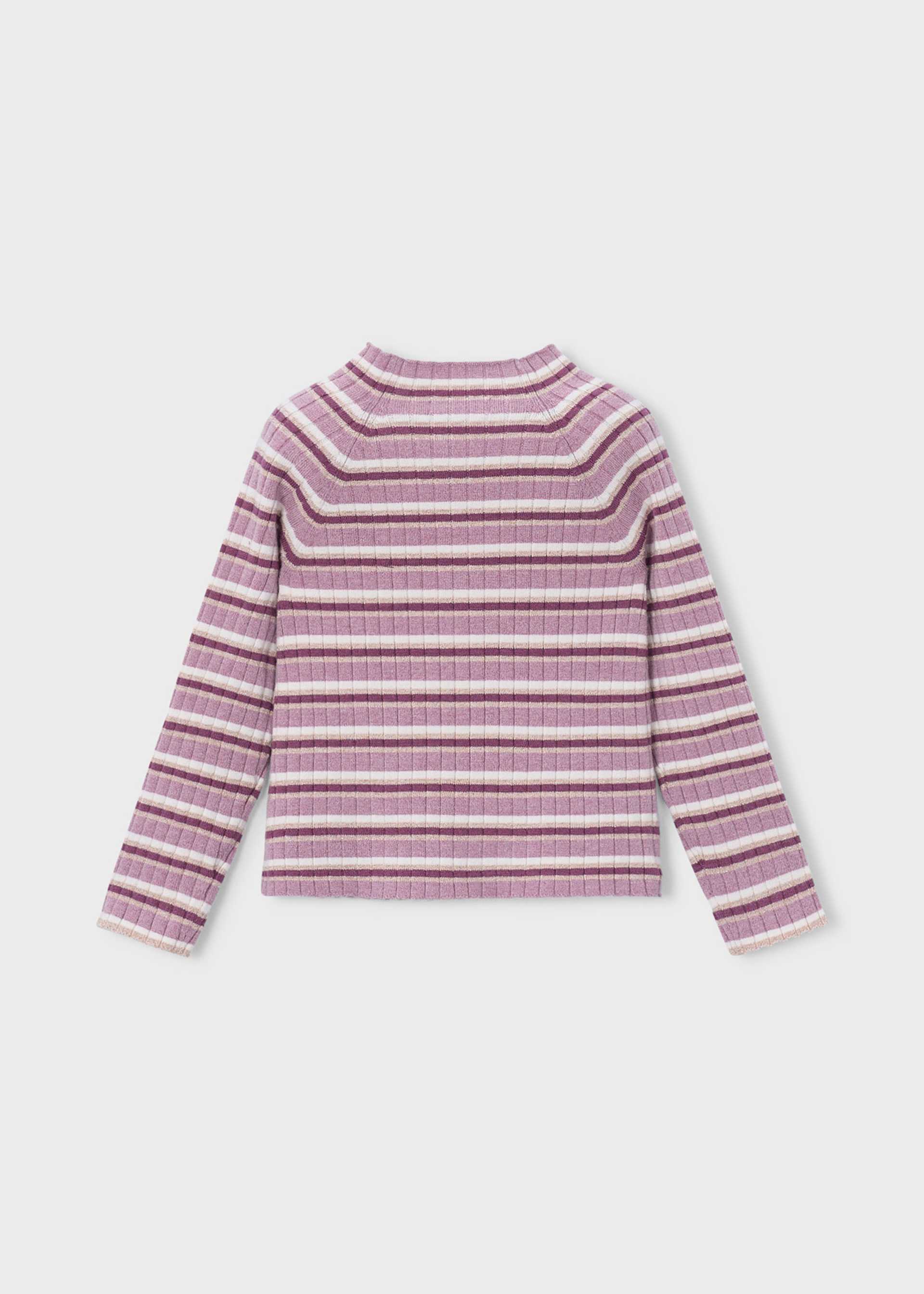 A ribbed knit long-sleeve mock neck sweater with horizontal stripes in dusty pink, mauve, and cream, shown from the back on a light gray background.