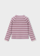 A ribbed knit long-sleeve mock neck sweater with horizontal stripes in dusty pink, mauve, and cream, shown from the back on a light gray background.