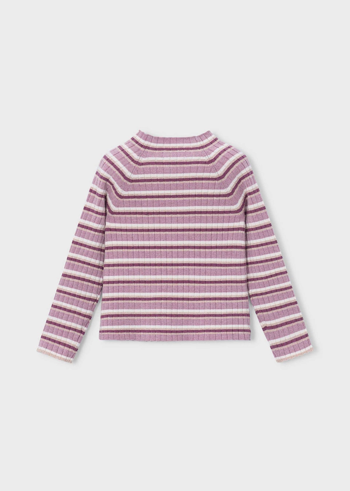 A ribbed knit long-sleeve mock neck sweater with horizontal stripes in dusty pink, mauve, and cream, shown from the back on a light gray background.
