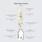 Glass baby bottle with features highlighted on a white background