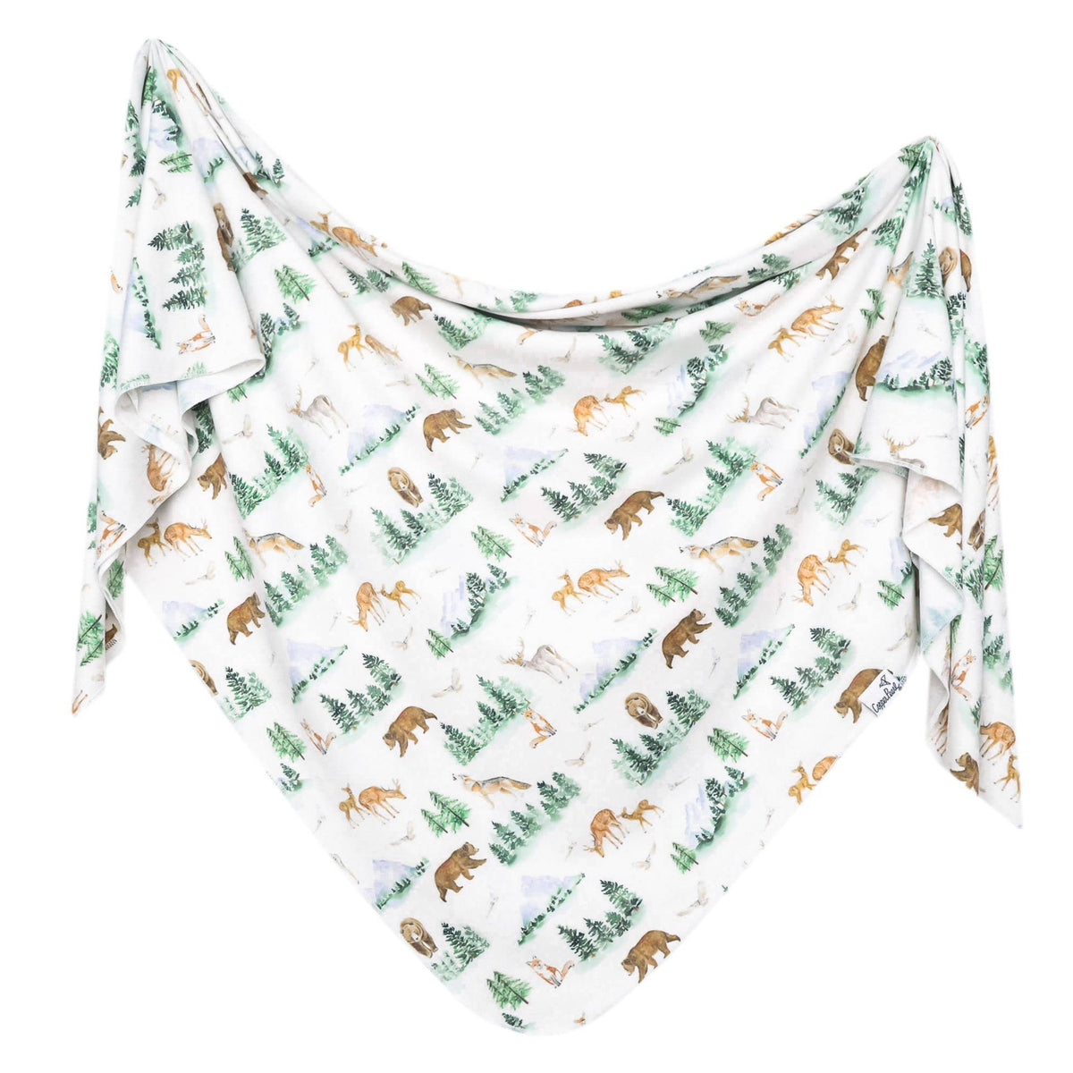 A white triangular swaddle featuring an all-over print of forest animals like bears, deer, and foxes, along with pine trees, shown against a plain white background.