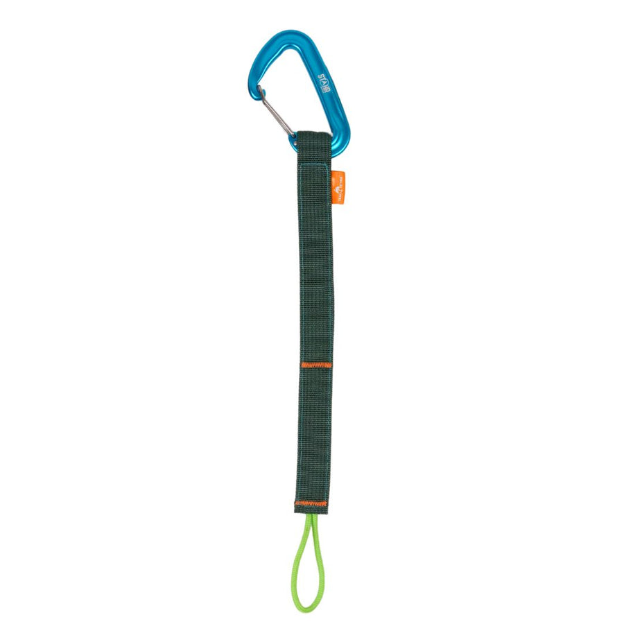 Green climbing harness with blue carabiner on a white background