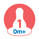 Logo with a red circle, white baby bottle, and blue text 'Om+' on a white background