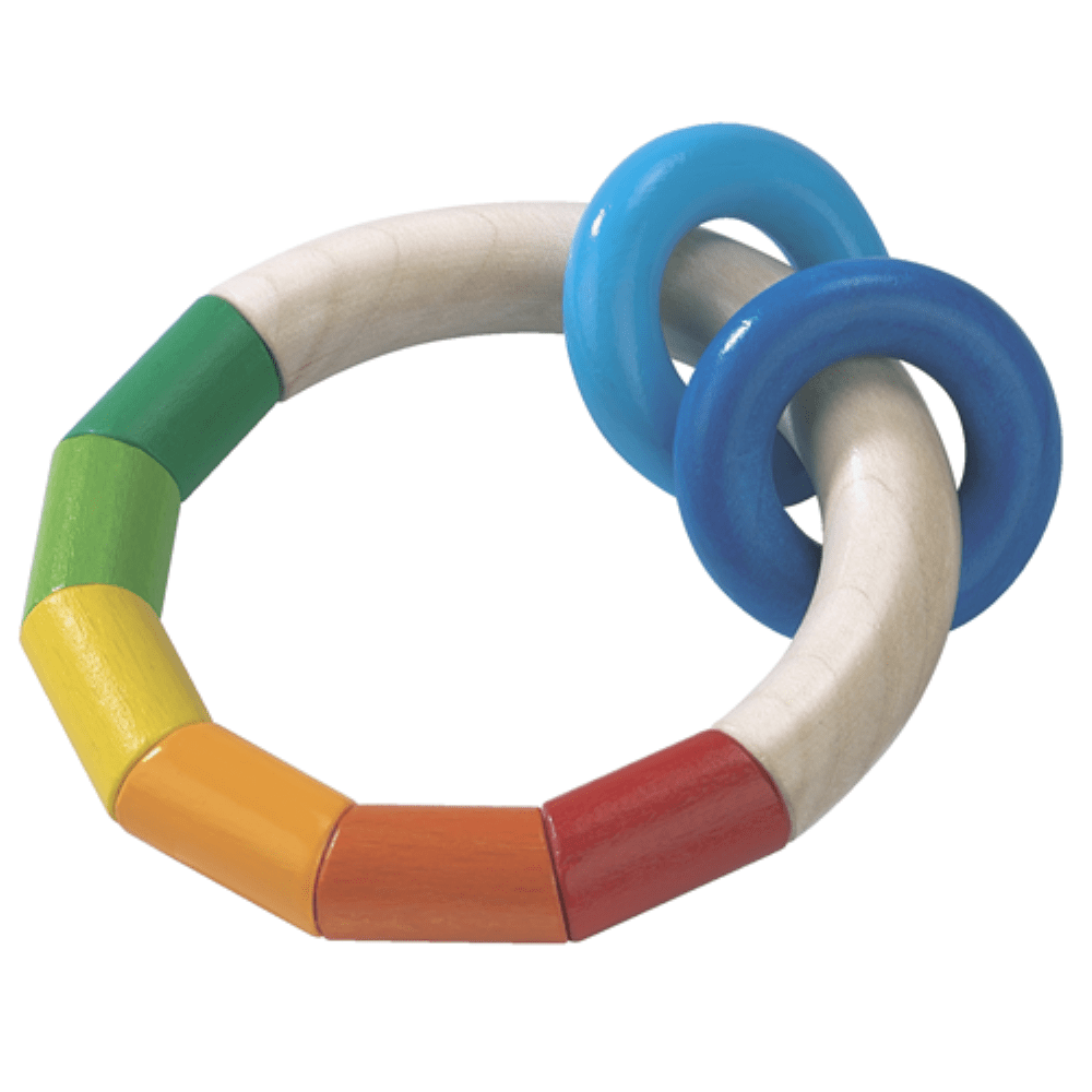 Colorful baby teething ring with multiple rings on a white background