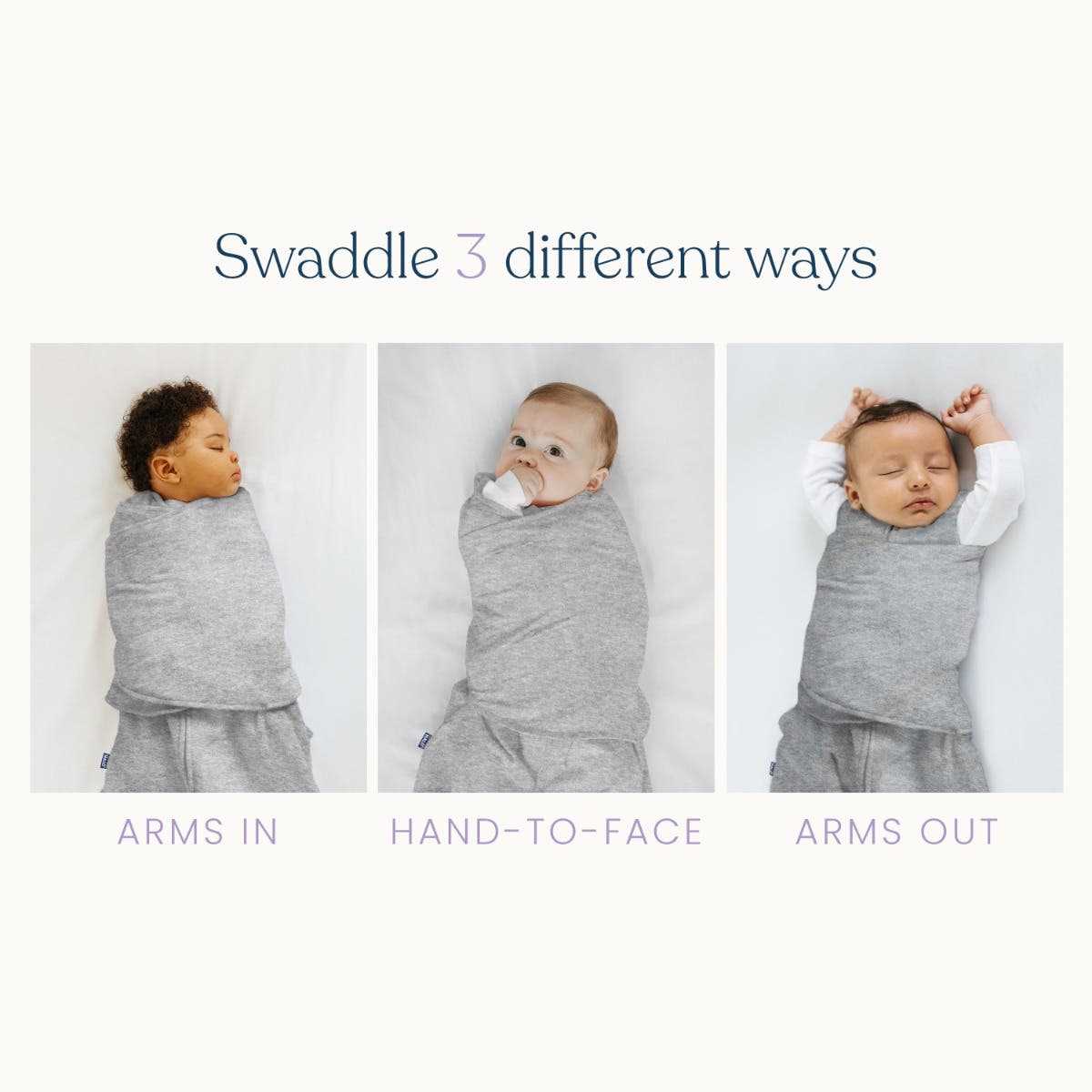 Three babies swaddled in different ways with text indicating 'Swaddle 3 different ways'.