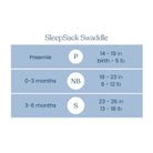 SleepSack Swaddle size chart with preemie, NB, and S sizes on a light blue background.
