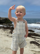 Child in checkered overalls standing on a beach with ocean in the background