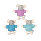 Three plush mouse toys wearing purple, blue, and gray shirts on a white background