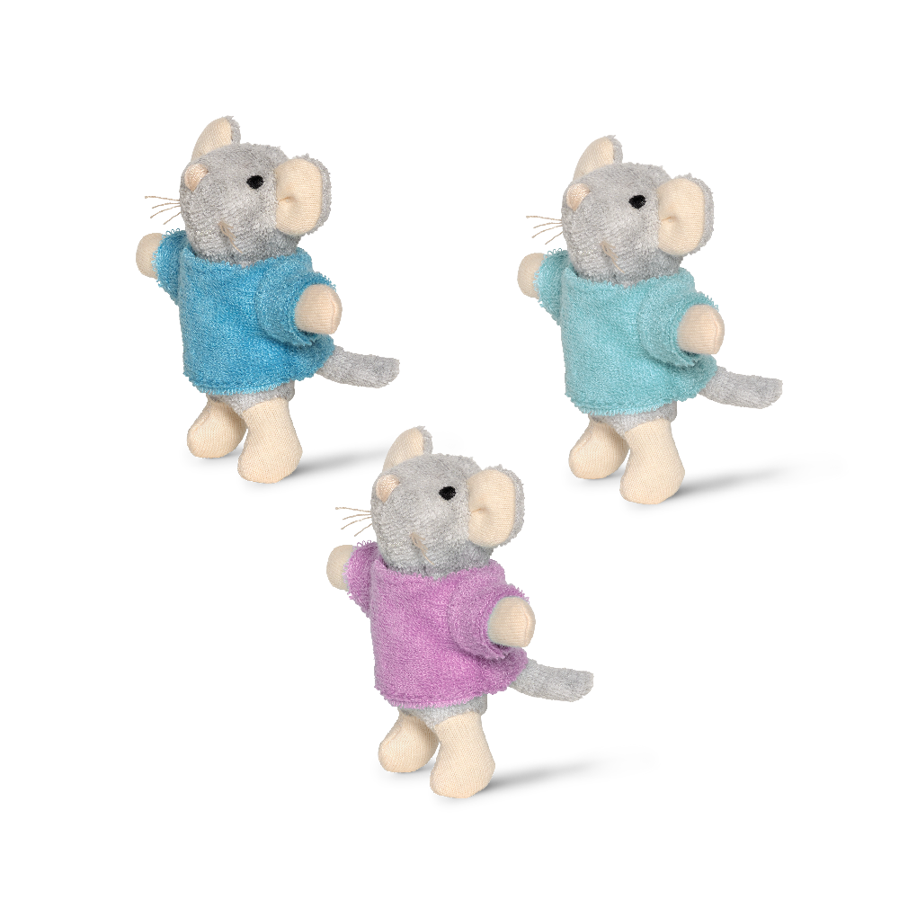 Three plush mouse toys in blue, pink, and purple sweaters on a white background