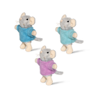 Three plush mouse toys in blue, pink, and purple sweaters on a white background
