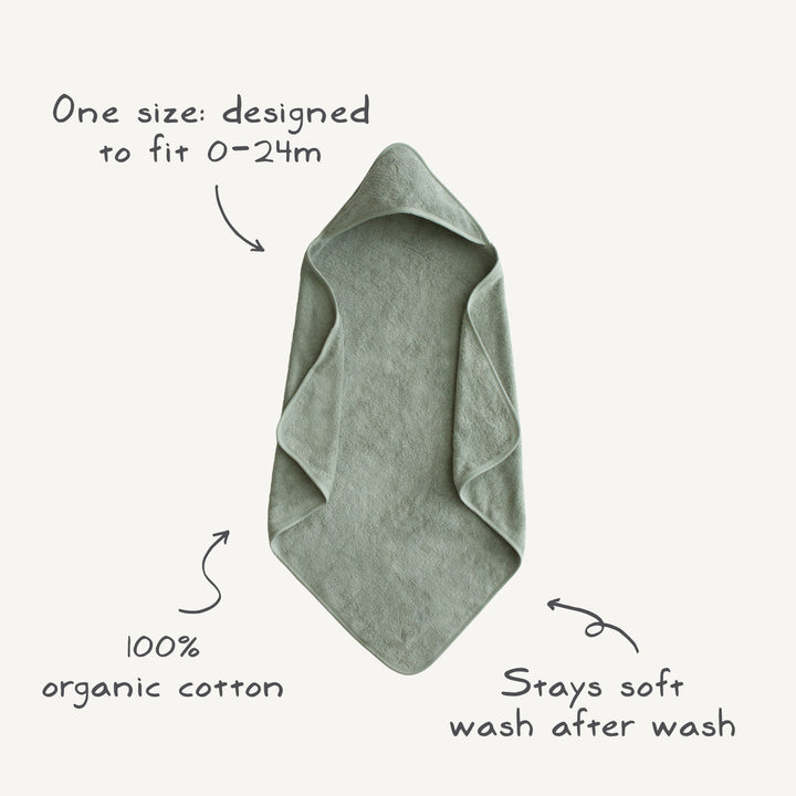 Green hooded towel with text describing its features on a white background