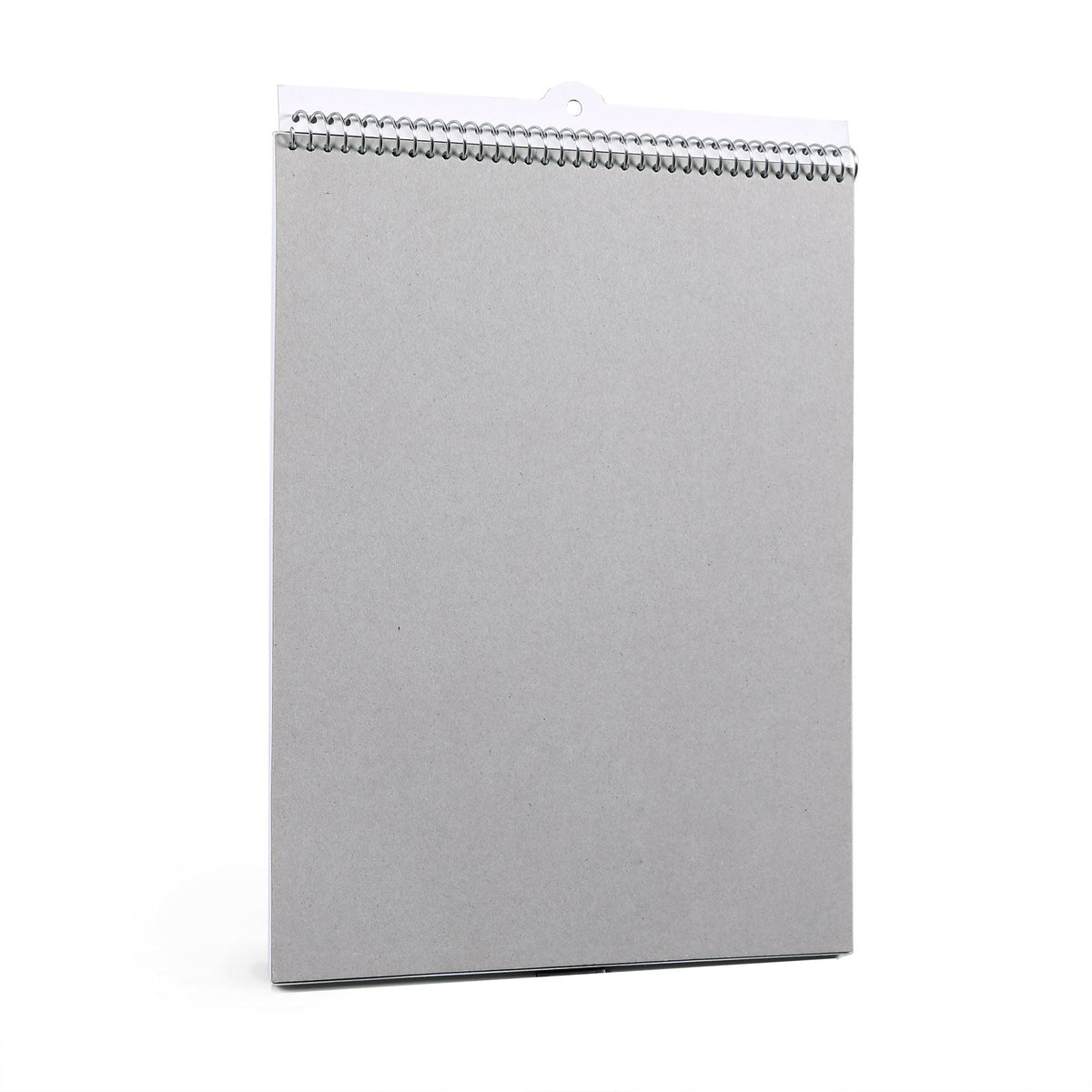 Gray spiral-bound notebook on a white background