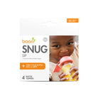 Package of boon Snug Sip bottle toppers with a child using the product on a white background