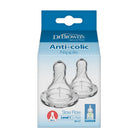 Packaging of Dr. Brown's Anti-colic Narrow Baby Bottle Silicone Nipple, showing 2 nipples and indicating slow flow level.